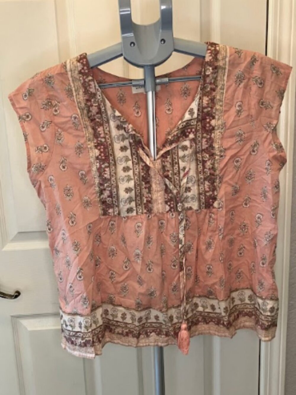 Lucky Brand Boho Peasant Top Pink Paisley Tassel Blouse | Medium